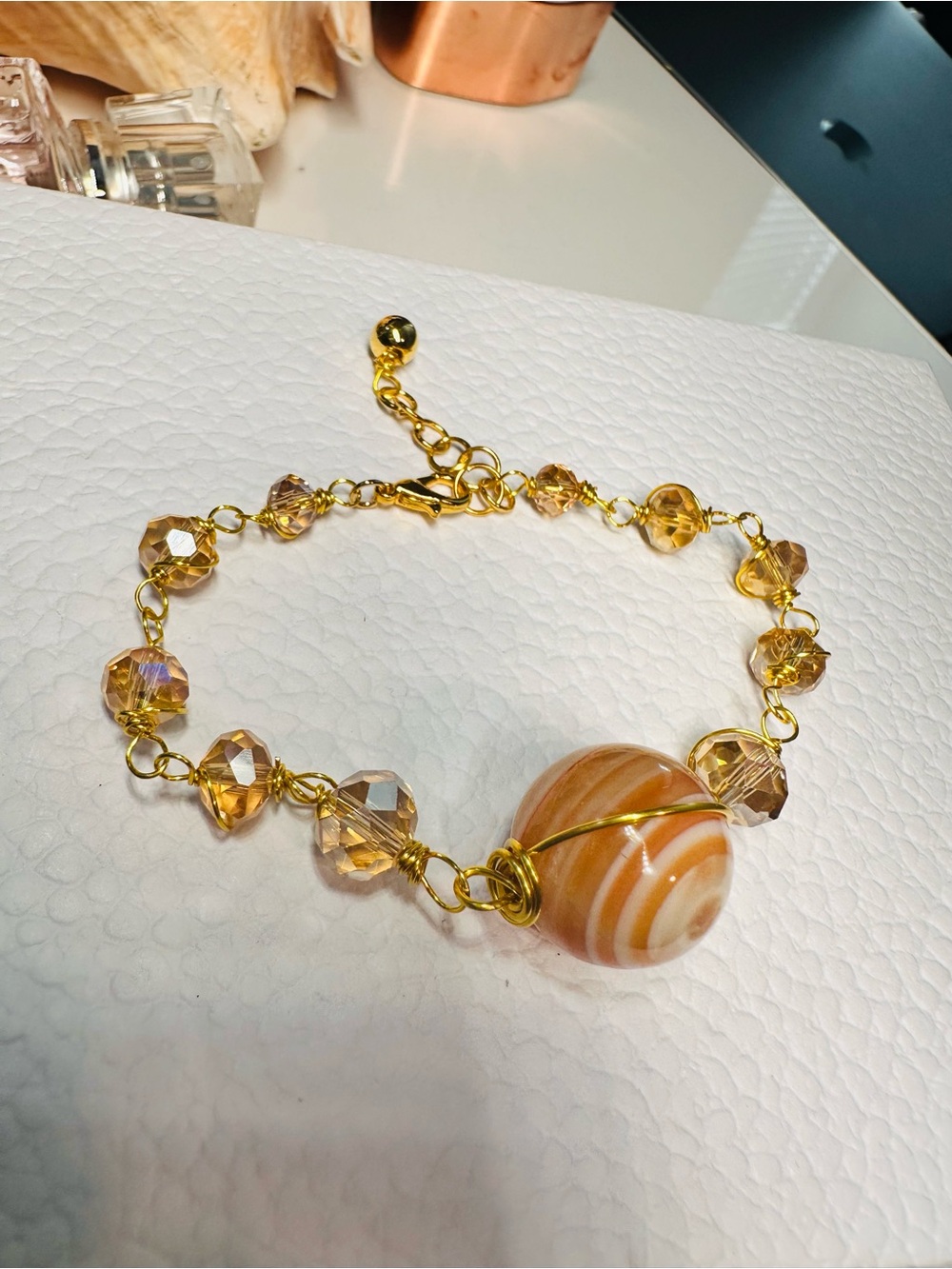 Gold-Tone wire Evil eye agate Bead Bracelet